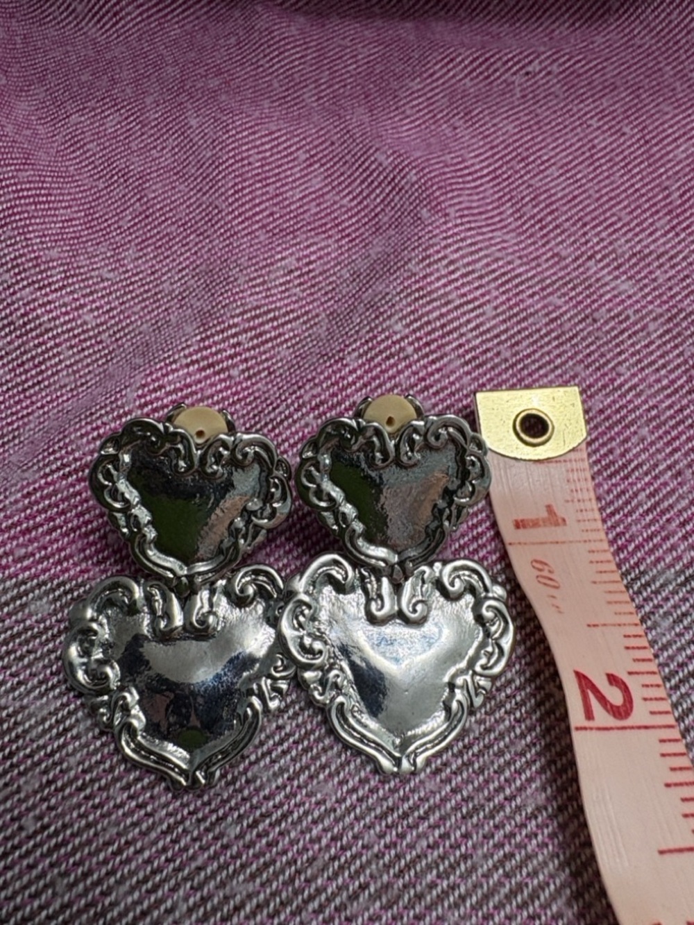 Silver Tone Heart Drop Earrings - Double Heart Dangle